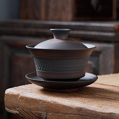 Handmade Purple Pottery Cover Bowl Embossed Bowl Cup Tea Bowl Kung Fu Bowl