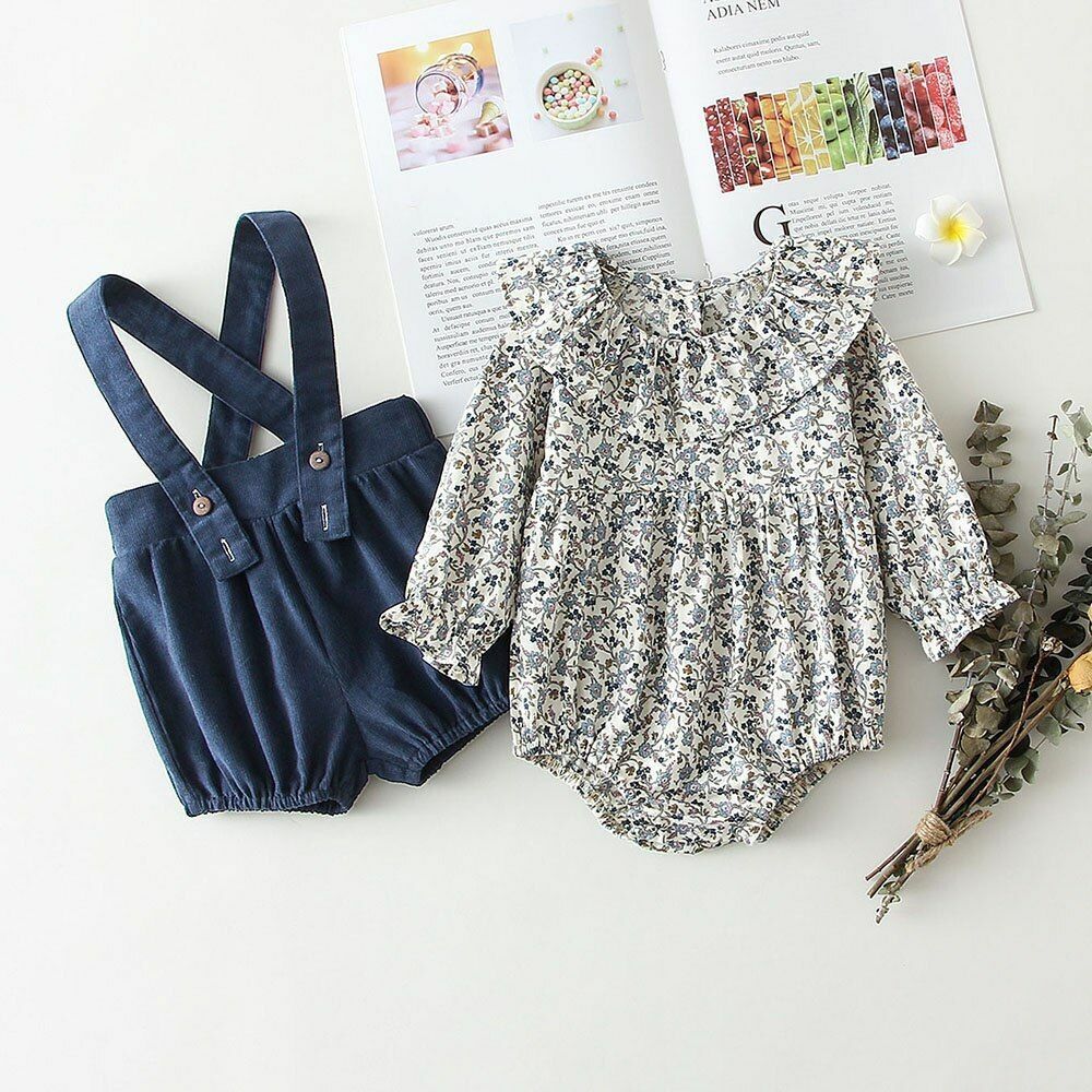 Baby Girls Clothes Set 2Pcs Vintage Cotton Floral Blouse Shirts Rompers Newborn