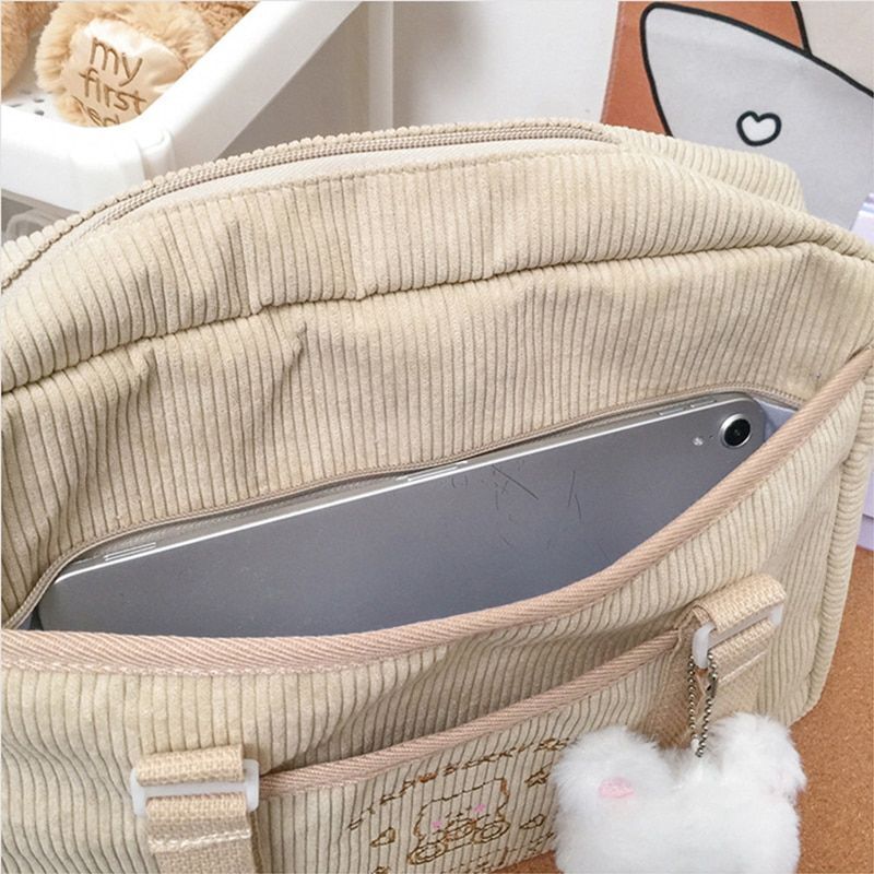 Shoulder Bag Corduroy Shopper Cartoon Embroidered Bear Letter Handbag 35*10*25CM
