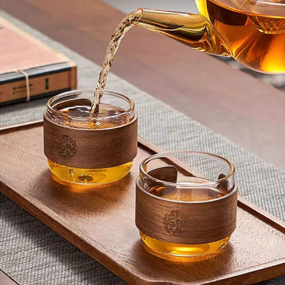 1pc Heat-resistant Glass Tea Cup Set With Wooden Holder Kungfu Tea Master Cup
