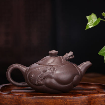 China Yixing Zisha Pottery Purple Clay Handmade 230cc Dragon Fish Teapot