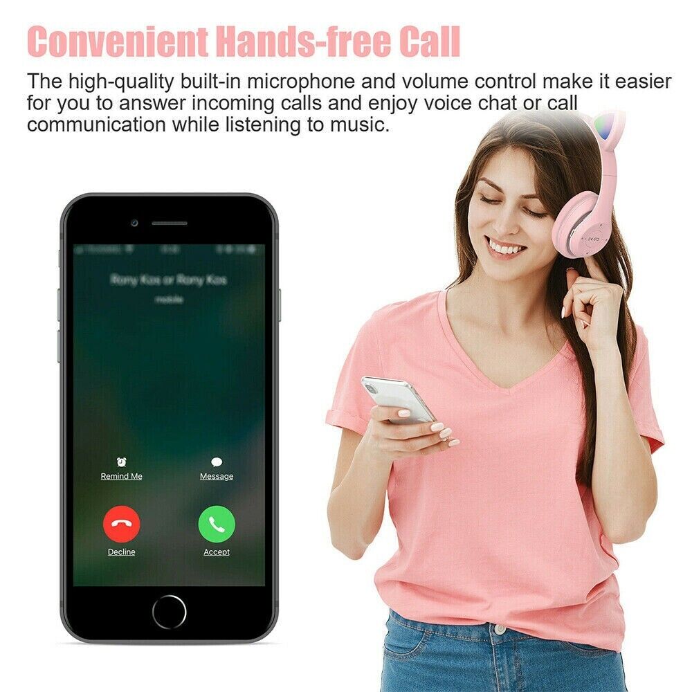 Wireless Bluetooth 5.0 Headset Cat Rabbit Ear LED Headphone w/Mic For Kids Girls