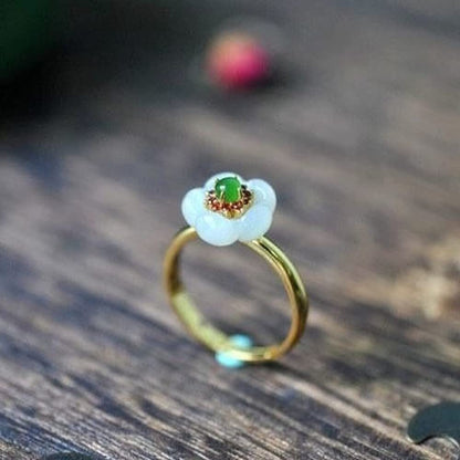 New Natural White Jade Flower Ring Women Adjustable Jewelry