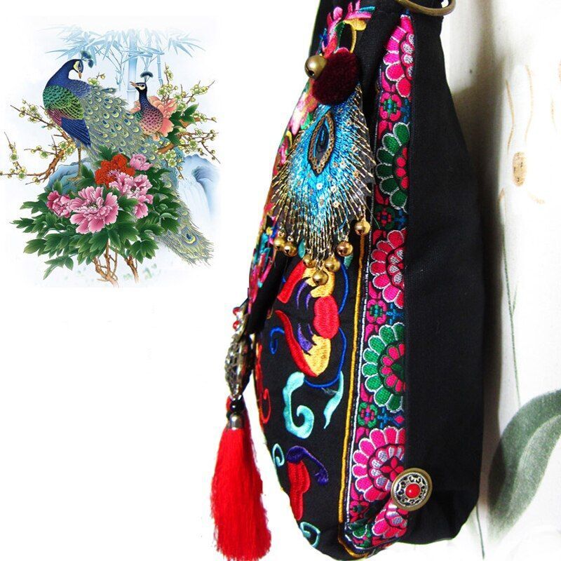 Canvas Embroidered Handbags Vintage Handmade Feather Tassel Soft Shoulder Purses