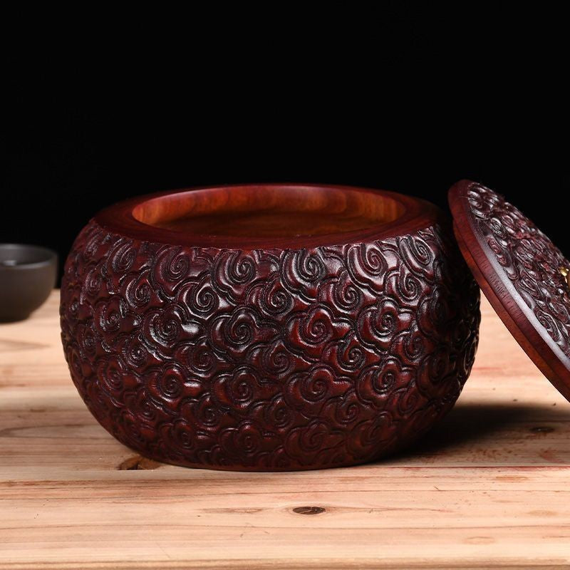 Red Sandalwood Tea Caddy 5.51×4.33in Fish Scale Carved Moistureproof Wood Jar