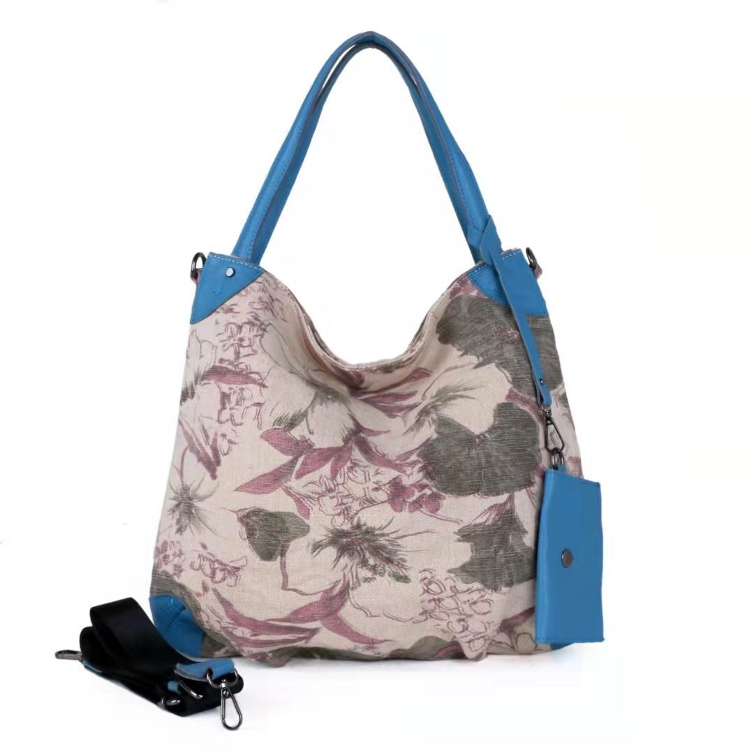 Real Leather Canvas Fashion Bags Flower Printing Leisure Stylish Handbags Purses