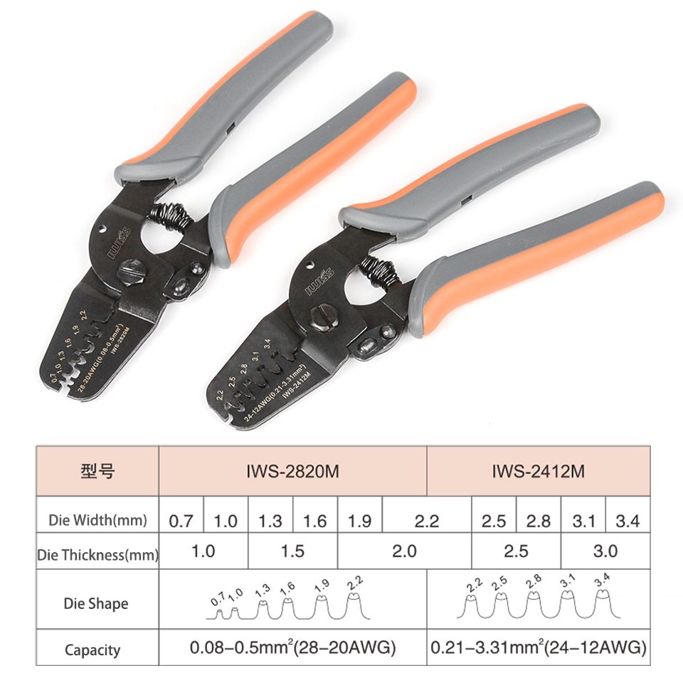 Mini Open Barrel Crimping Tools Crimper Terminal Plier IWS-2412M for 24-12AWG