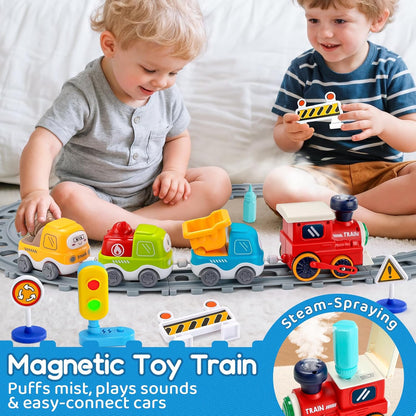 Electric Train Set for Toddlers with Steam Spray|Light&Music Magnetic Car Toy wi