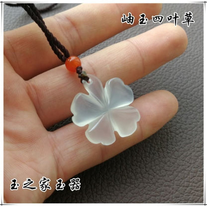 Natural Ice Jade Four Leaf Clover Pendant Lucky Stone Necklace Gift
