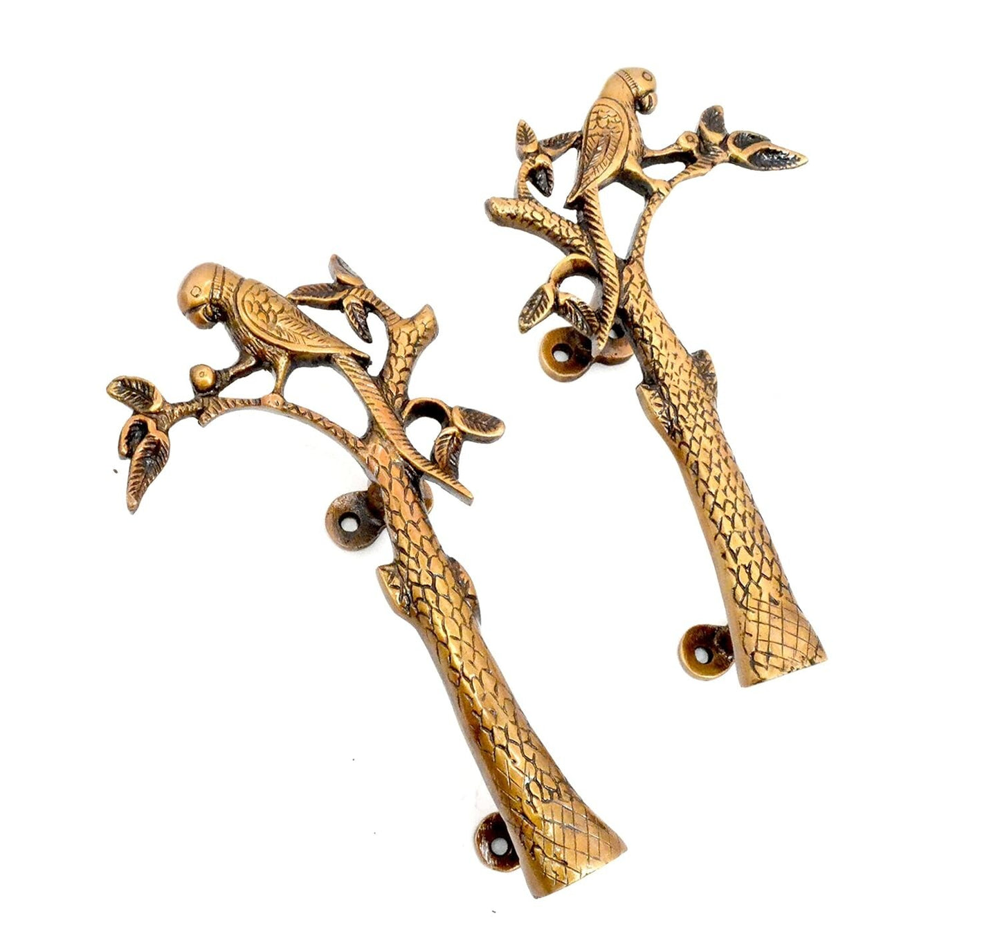 Set of 2 Antique Look Golden Brass Parrot On Tree Door Handle