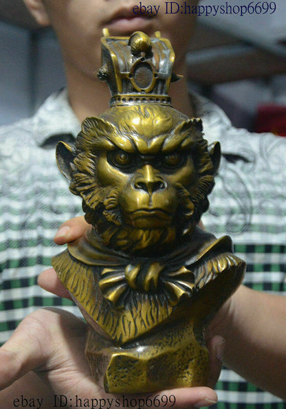 9" Chinese Buddhism Temple Pure Bronze Monkey King Sun Wukong Buddha Head Statue