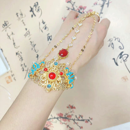 Dunhuang Style Gold Bracelet Ring Set Vintage Red Bead Tassel Hanfu Accessory