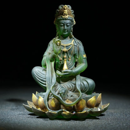 Vintage Antique Peking Glass Buddha Figurine Carving Zen Kwan Yin Statue Opening