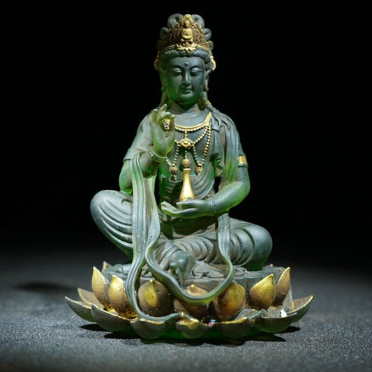 Vintage Antique Peking Glass Buddha Figurine Carving Zen Kwan Yin Statue Opening
