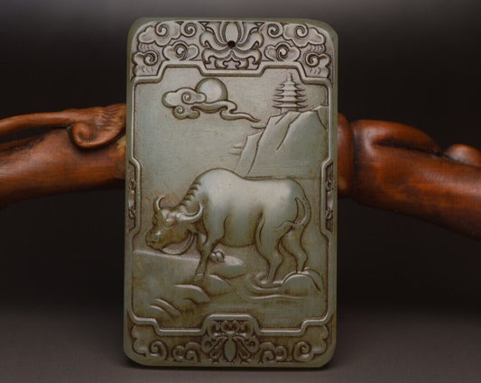 Chinese Antique Natural Hetian Jade Carving Cattle Statue Nice Pendant Jewelry