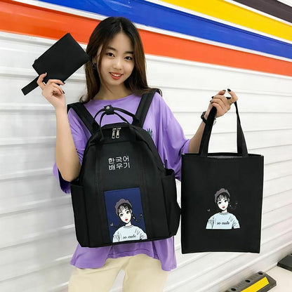 3 Pcs Sets Backpack School Bags Teenage Girls Women Casual Shoulder Zipper Solid