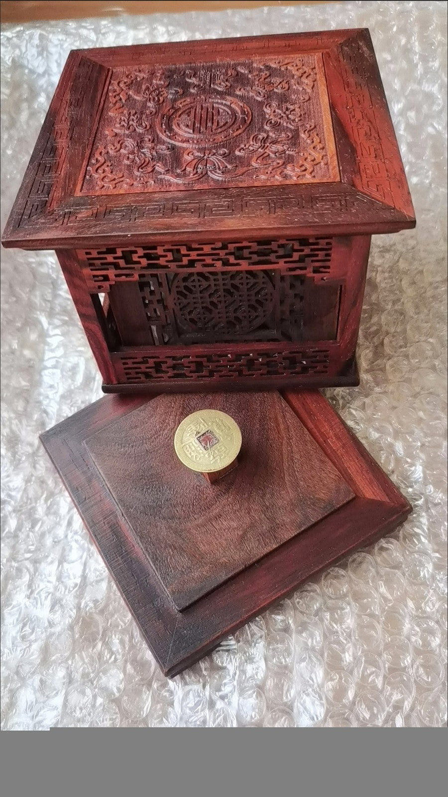 Red Rosewood Incense Burner Hexagonal Hollow Double Layer Wood Censer 10×13.5cm