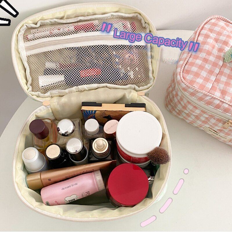 Plaid Pattern Bag Toiletries Case Makeup Bag Zipp Cotton Cosmetics Storage Pouch