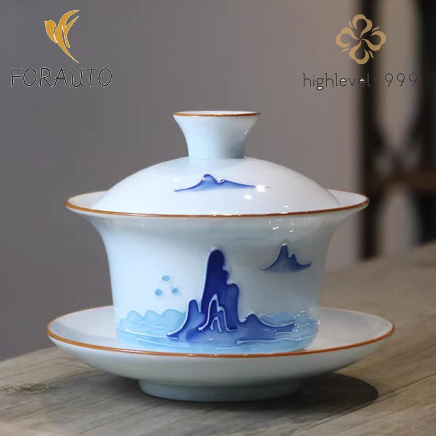 Carving Landscape Porcelain Gaiwan Tea Cup 150ml 5.1oz Handmade Kungfu Tea Set