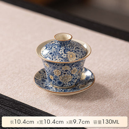 Ru Kiln Blue and White Three Cai Gaiwan Ceramic Tea Cups Household Tea Bowls