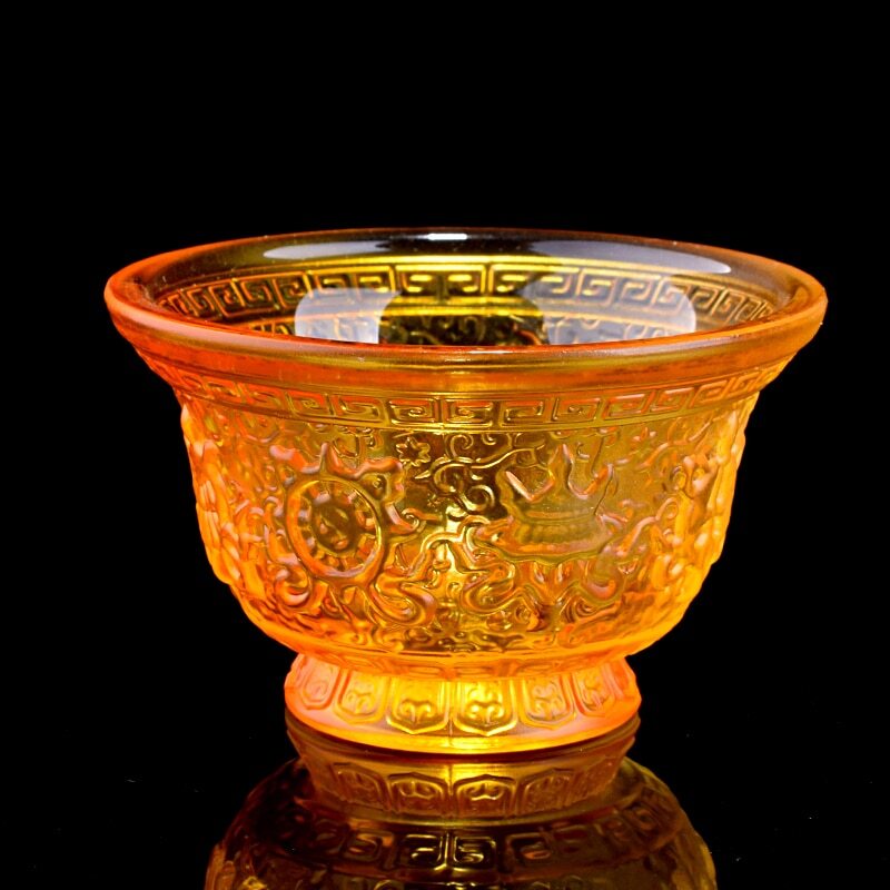 1pc 3.3in Eight Auspicious Pattern Glass Bowls Buddhist Temple Holy Water Cups