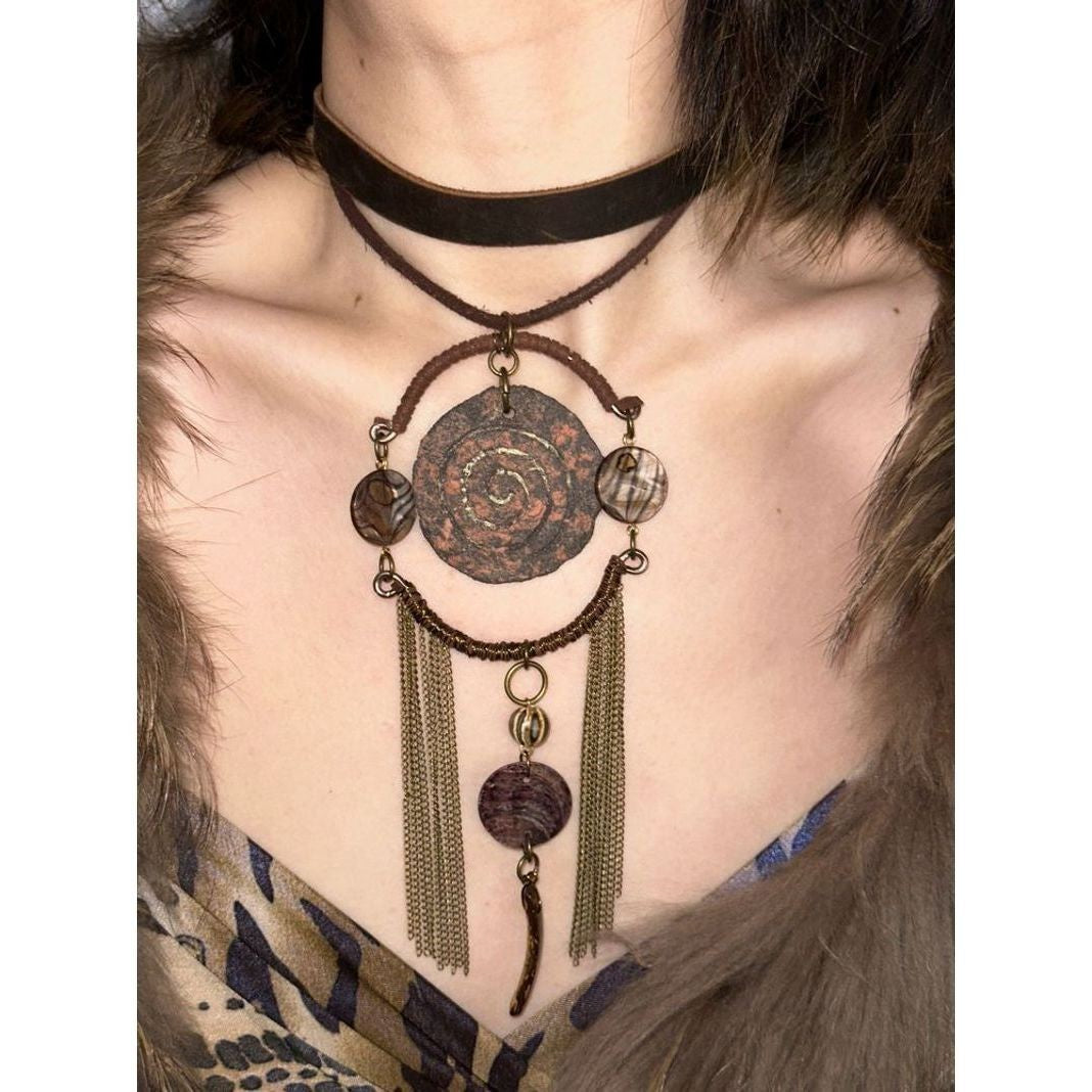 Original Handmade Heavy Leather Necklace Retro Tribal Tassel Choker