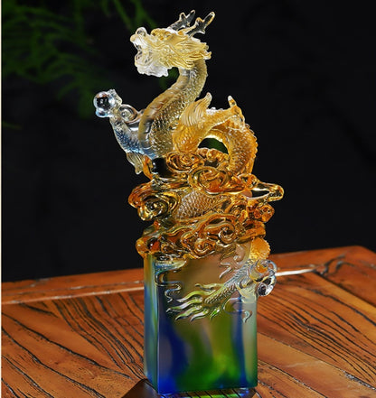 Office Decor Liu Li Crystal Chinese Dragon Stamp Statue