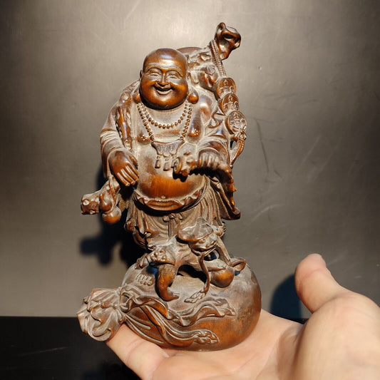 Boxwood carving wooden laughing buddha Amitabha monk statue home decor figurines