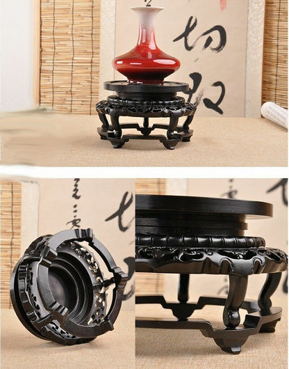 Natural Ebony Wood Carved Display Stand Rack Vase Bonsai Statue Round Base Decor