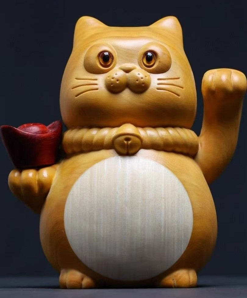 Boxwood Cat Statue Lucky Ingot Money Figure Handcraft Feng Shui Table Decor