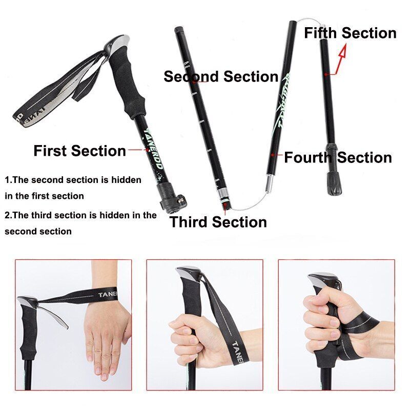 5-Section Folding Trekking Poles Nordic Walking Stick Hiking Telescopic Cane 1PC