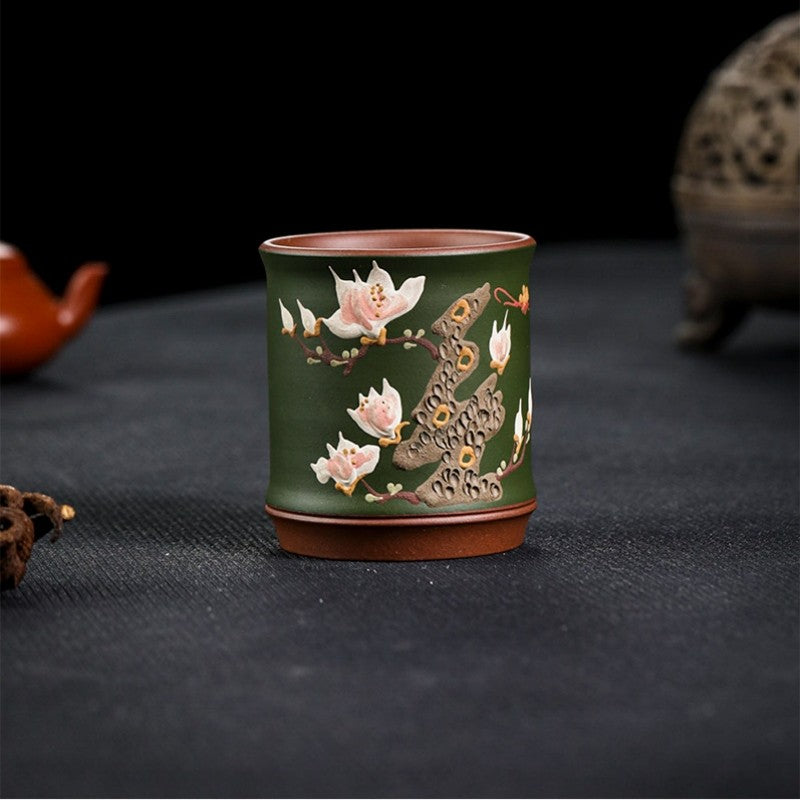 Handmade Tea Cup Real Yixing Zisha Green Clay Floral Relief Master Cup 170ml New
