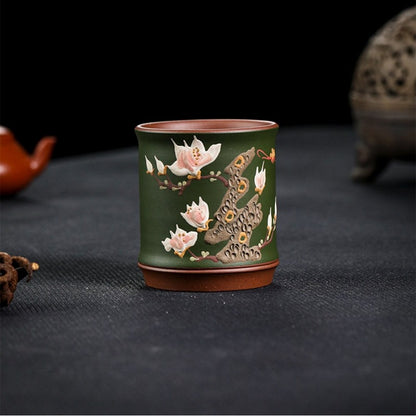 Handmade Tea Cup Real Yixing Zisha Green Clay Floral Relief Master Cup 170ml New