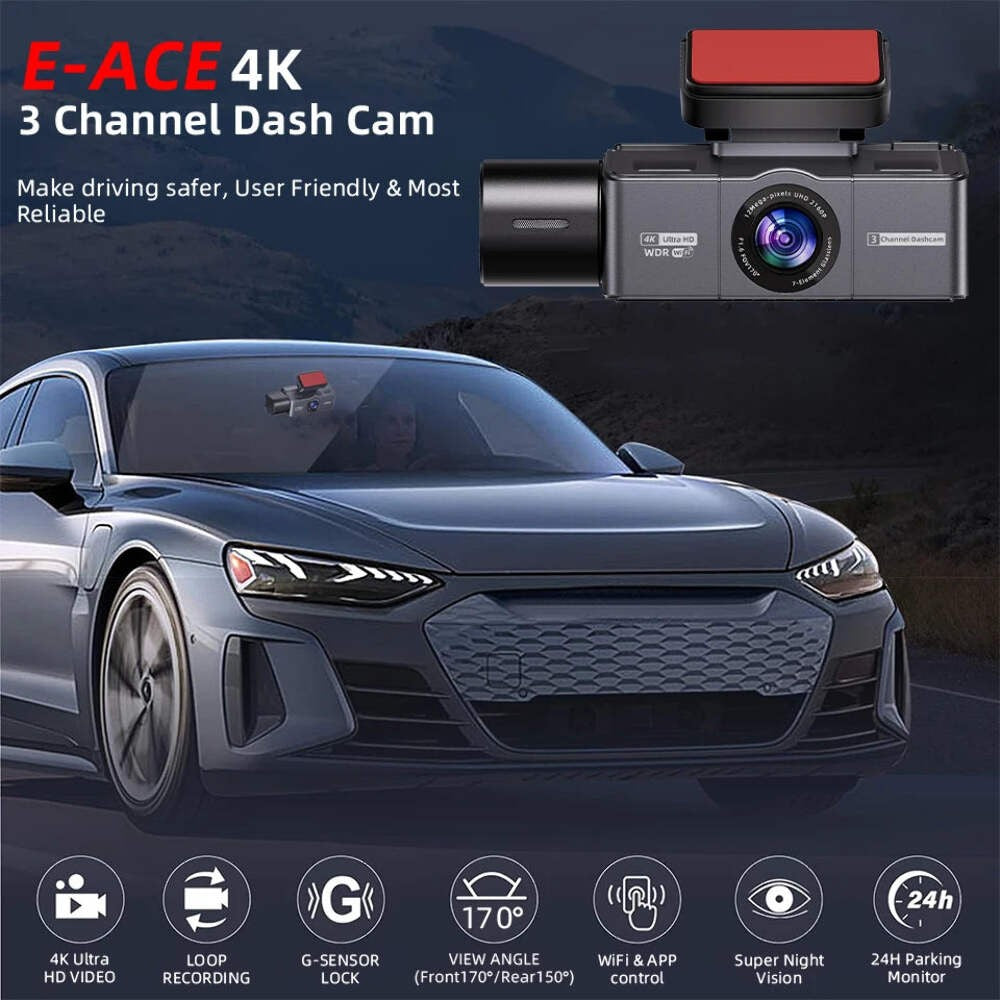 4K 3 Channel Dashcam WiFi GPS Night Vision Car DVR