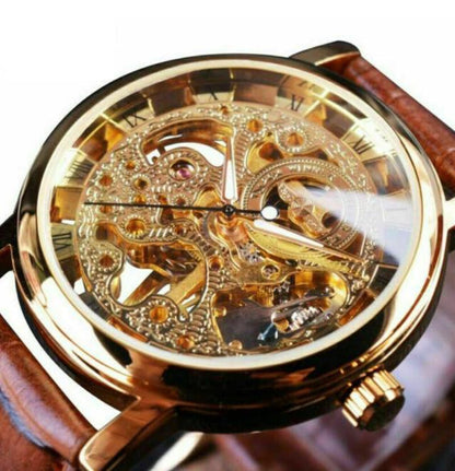 Men's Watches Skeleton Mechanical Hand Wind Watch Leather Strap Fathers Gift Son