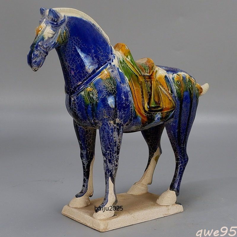 9" Chinese Tang Tri-Color Glazed Ceramics Blue War Horse Porcelain Statue Gift