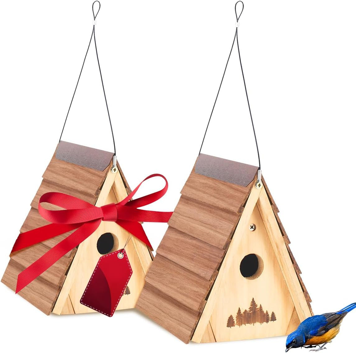 Bamboo Cedar Wooden Bird House Lifetime Lasting and Paintable Hanging Set of 2