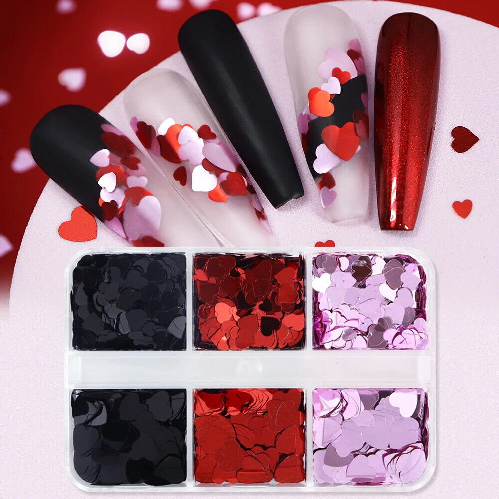 Nail Glitter Sequins 6Grids Mixed Red Black Heart Valentine's Day Manicure Decor