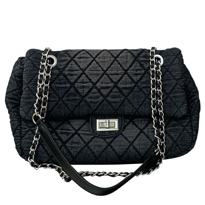 Medium/ Large Quilted Denim Shoulder Bag Flap Purse Handbag w/ Chains Tote Hobo