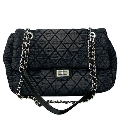Medium/ Large Quilted Denim Shoulder Bag Flap Purse Handbag w/ Chains Tote Hobo