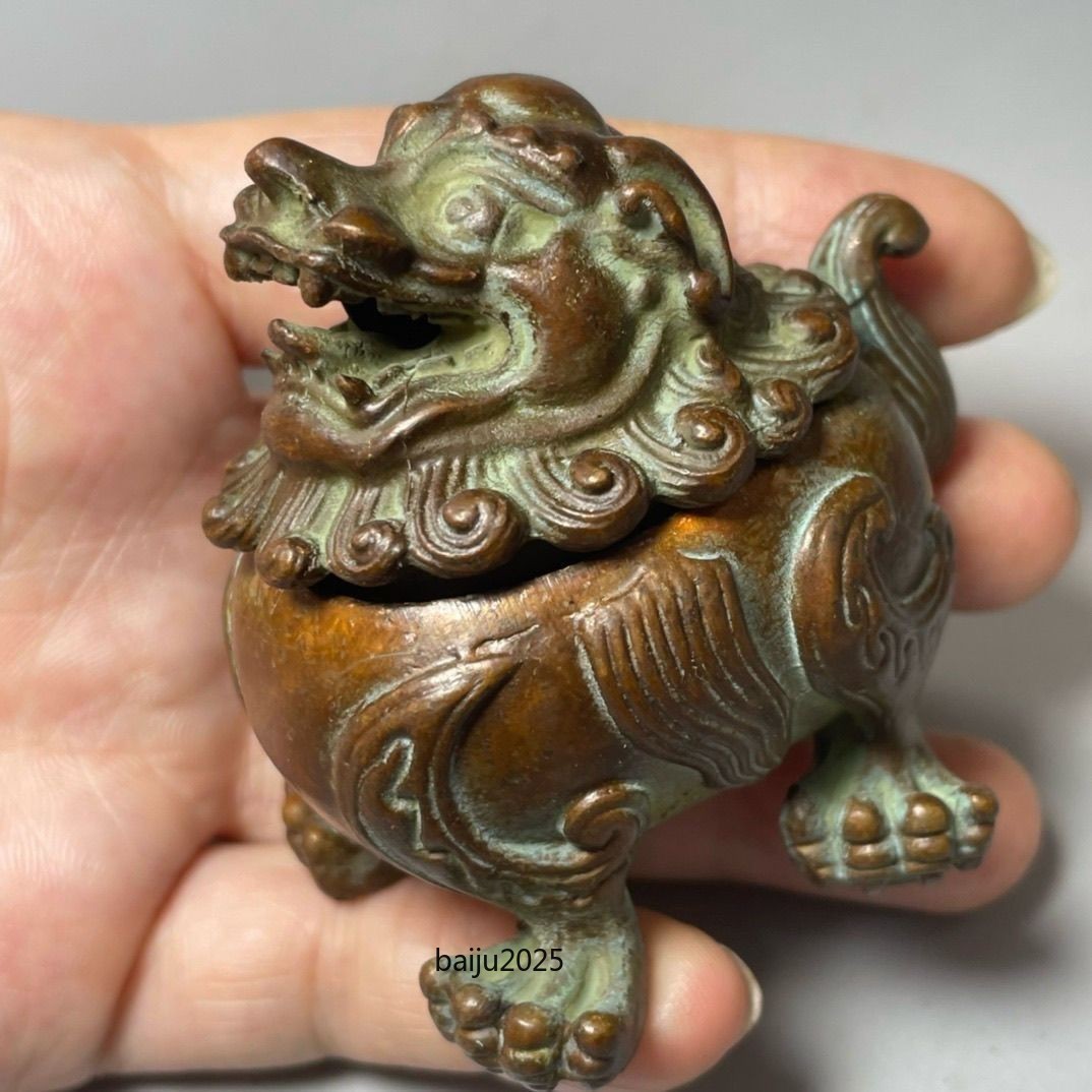 Retro China Copper Alloy Censer Chinese Pi Xiu Statue Home Lion Incense Burner
