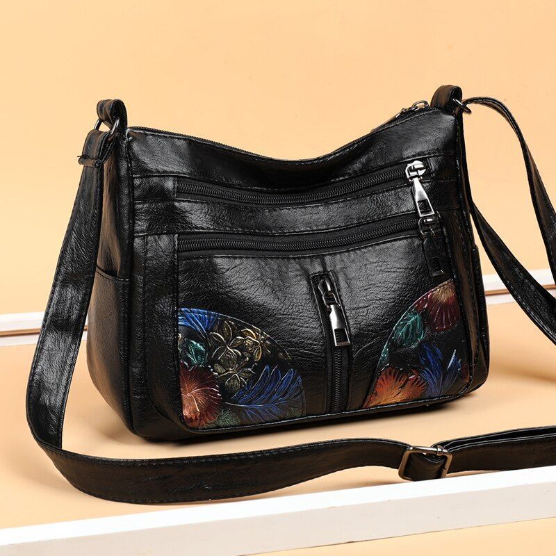 Soft Leather Messenger Shoulder Handbag Purse Flowers Multi-pocket Crossbody 1PC