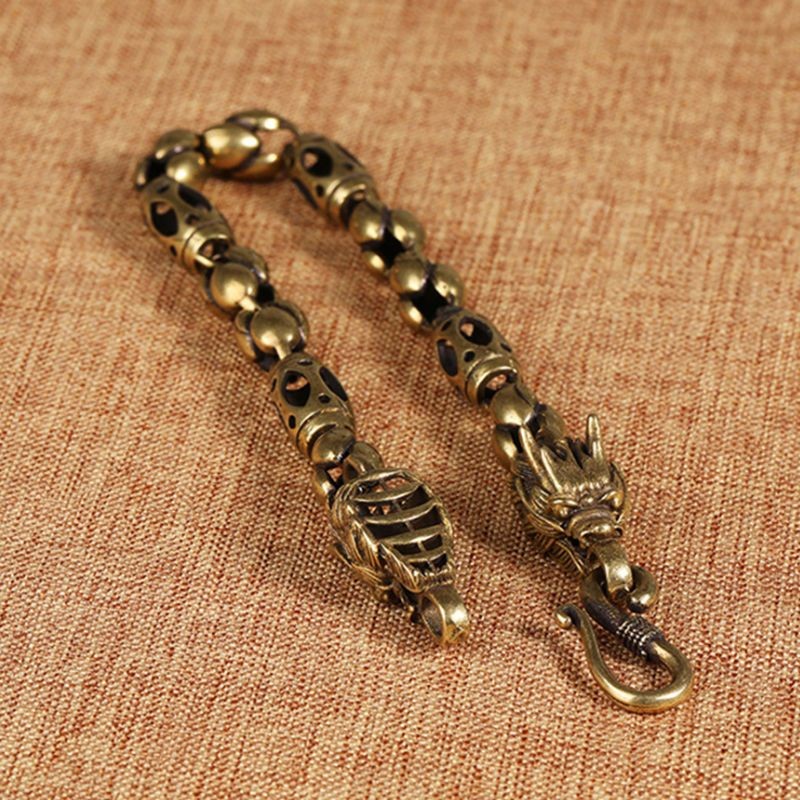 Vintage Bronze Dragon Head Bracelet Brass Bone Chain Hip Hop Men's Accessory