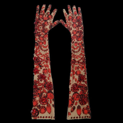 Women Fashion Gloves Red Floral Rhinestone Stretch Sparkling Spandex Long Mitten