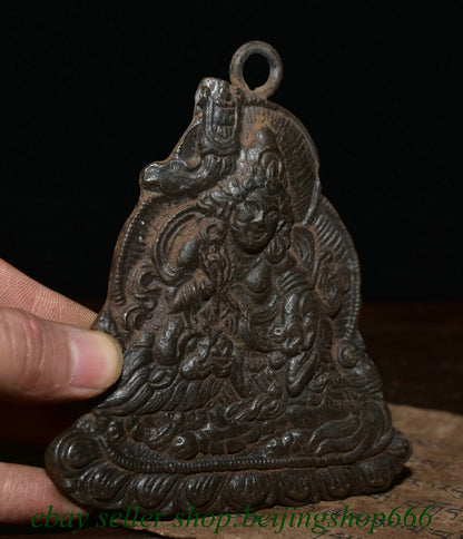 4.6" Old Tibet Bronze Temple Vaishravana On Lion Protector Deity Pendant Amulet