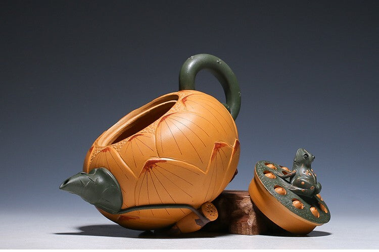 Chinese Zisha Purple Clay Teapot Frog Lotus Style Handmade Collection Home Decor