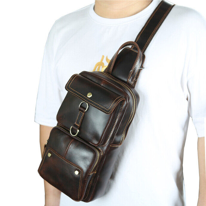 Men's Sling Backpack Crazy Horse Leather Large Capacity Chest Bag Crossbody Bag