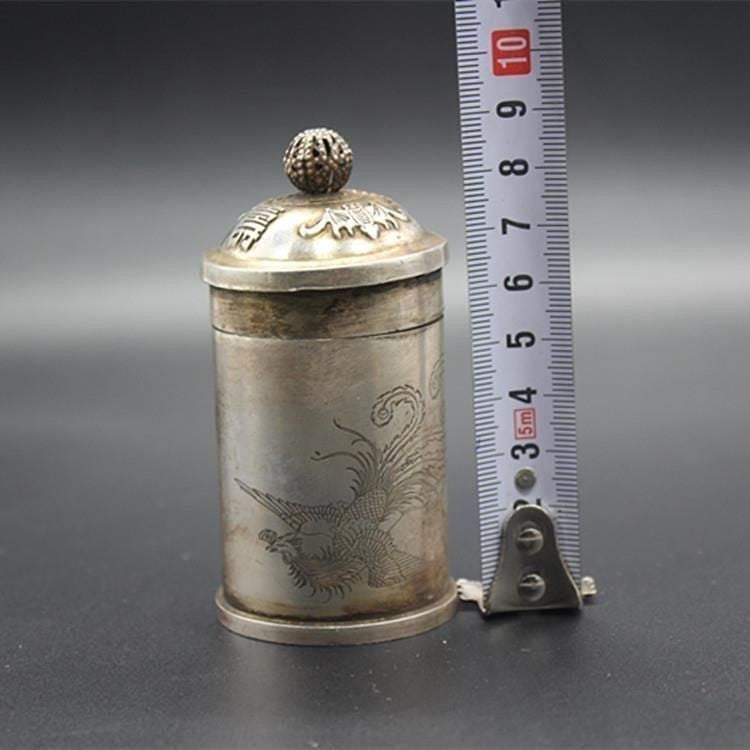Antique White Copper Silver Plated Dragon Phoenix Box Toothpick Tobacco Storage