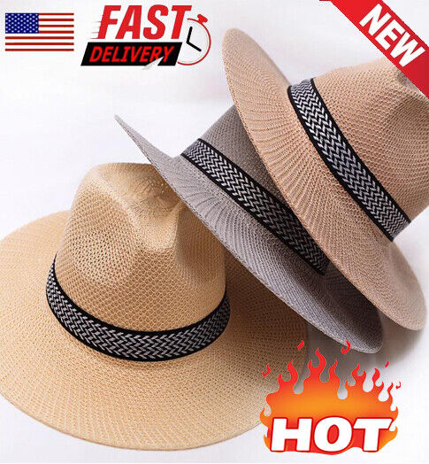 Men Women Straw Jazz Fedora Hat Trilby Cuban Sun Cap Panama Short Brim Summer*US