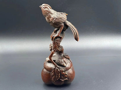 Chinese Antique Boxwood Carved Magpie Statue Exquisite Sculpture Home Decor Art